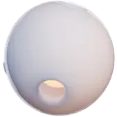 Ceiling light, translucent white glass, spherical shape with amber light source and beveled rim against olive-green backdrop.